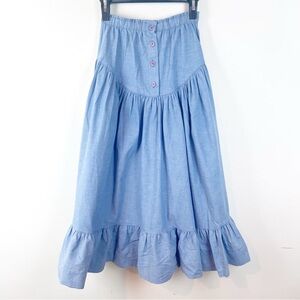 Vintage Prairie Chambray Midi Skirt Button Ruffle Cottagecore Peasant Western